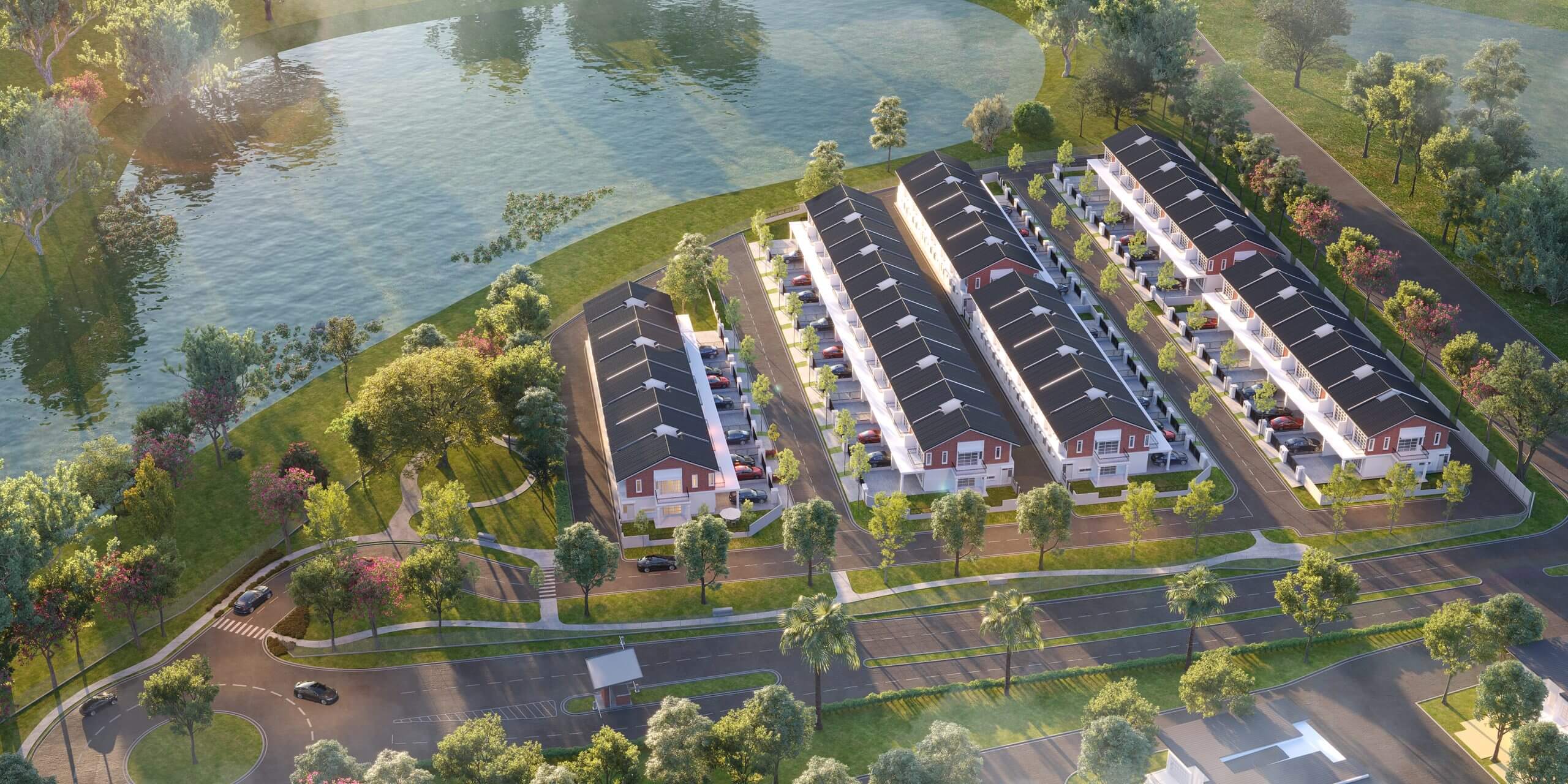 Aerial view of the Kensington lakeside neighbourhood at Genting Indahpura