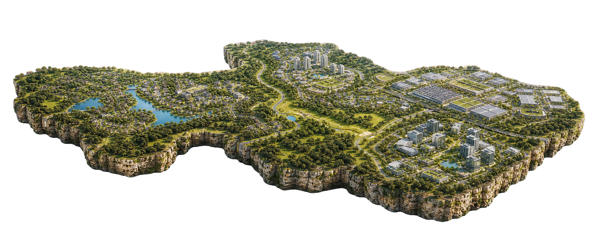 A floating three-dimensional landform connecting four Genting Property districts